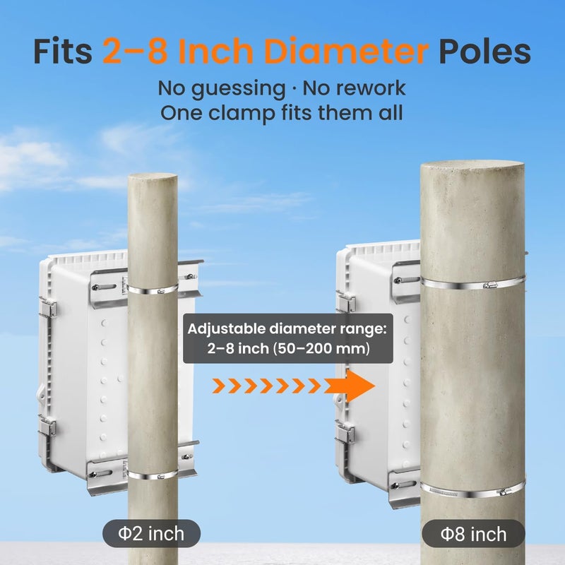 QILIPSU Pole Mounting Kits, 304 Stainless Steel 11.4" x 1.9" Brackets with Adjustable 2–8 Inch Clamps for Electrical Boxes, Devices, and Outdoor Applications - Image 4